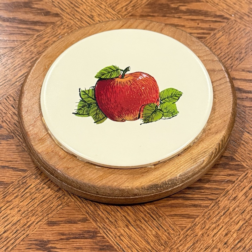 Vintage Apple Ceramic Tile‎ Wooden Decor Tray Country Cottage Kitchen Trivet